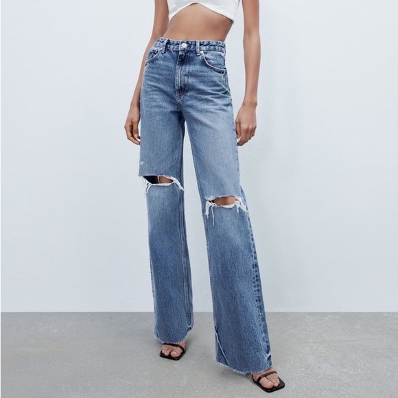 Zara Denim - Zara Full Length Wide Leg Ripped Jeans